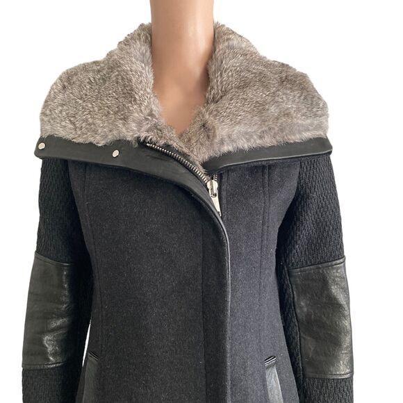 Andrew Marc Mara Wool Cashmere Coat Rabbit Fur Leather Trim Black - Picture 9 of 16
